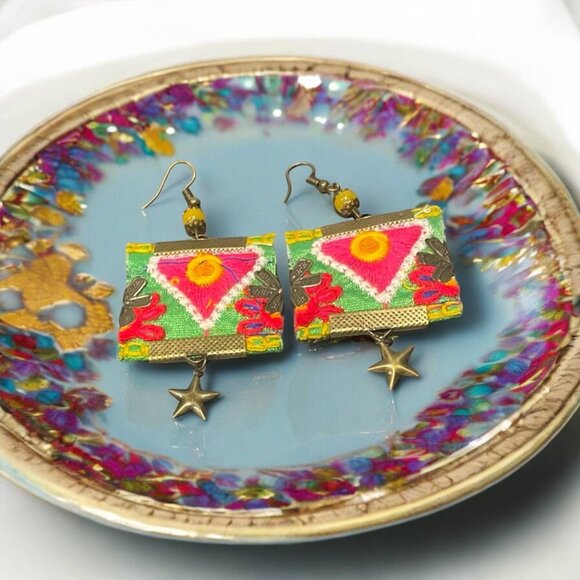 Persian embroidered handmade earrings | boho style dangling - Picture 1 of 4
